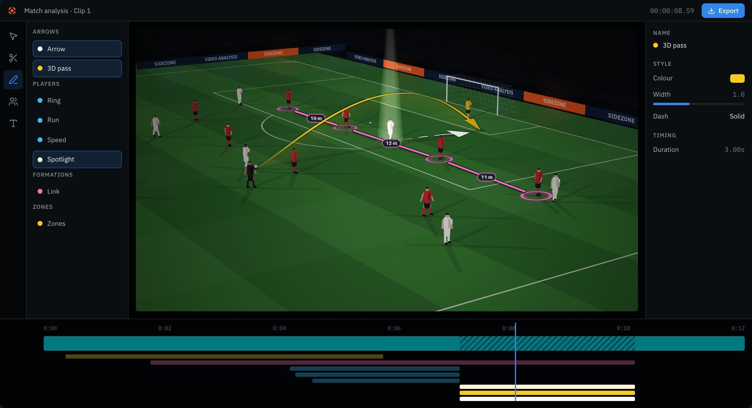 The SideZone editor, with an illustrative match