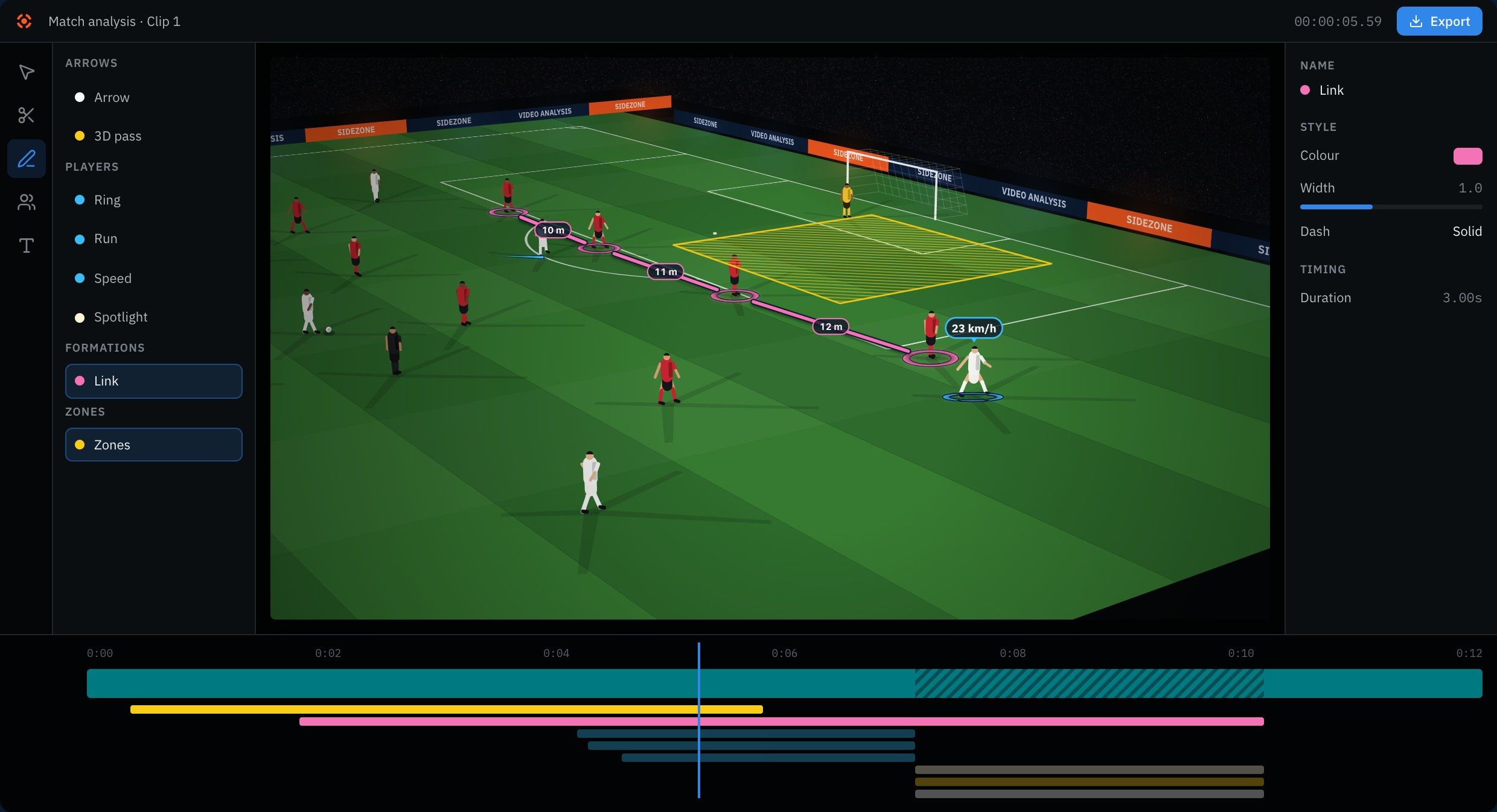 The SideZone editor, with an illustrative match